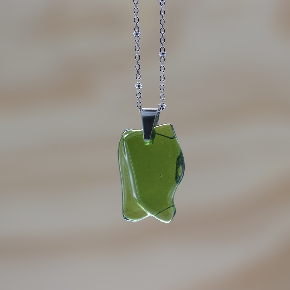 Green Wine Glass Necklace Stainless Steel Recycled Jewelry Ecofriendly Seaglass